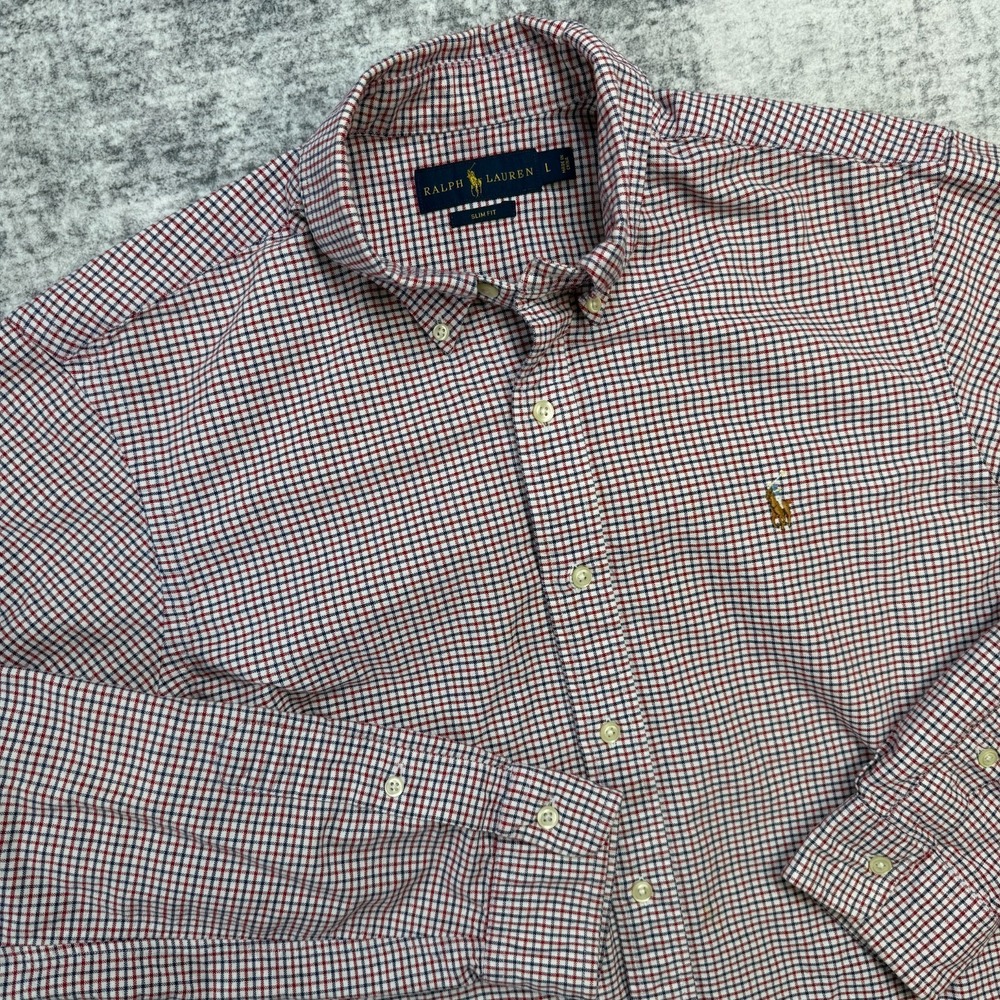Polo Ralph Lauren Shirt Mens Large Slim Red White Blue Check Oxford Flesh Pony